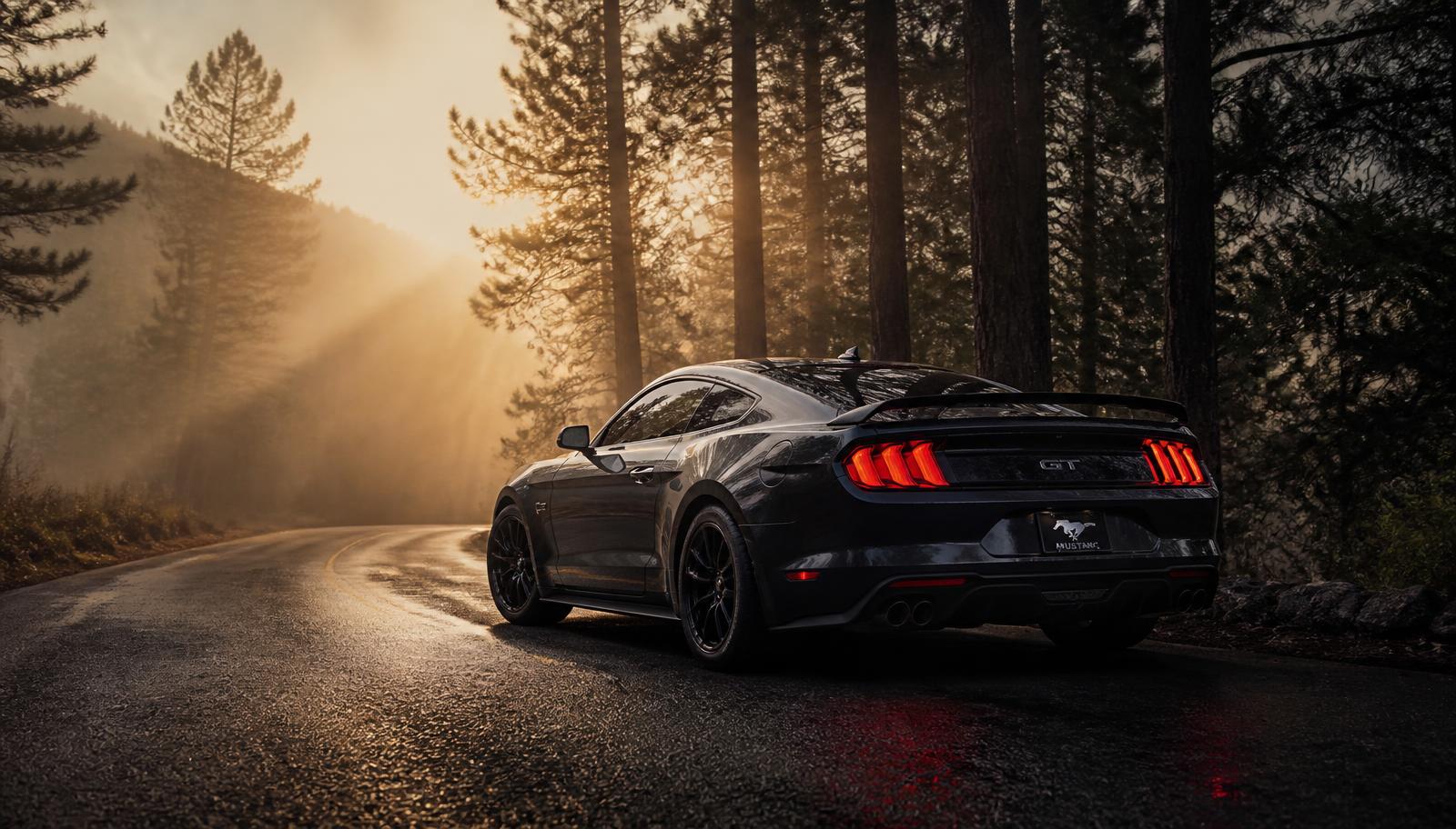 Blacked-out Mustang GT on a misty pine forest mountain road at dawn