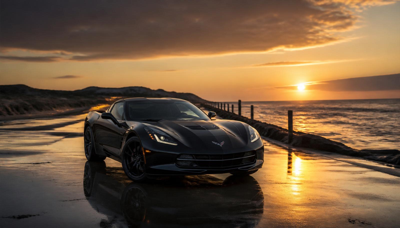 Black Corvette on a wet beach causeway at sunset