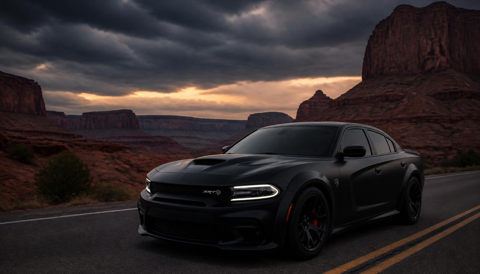 Matte black Charger on a desert canyon highway under a storm sky